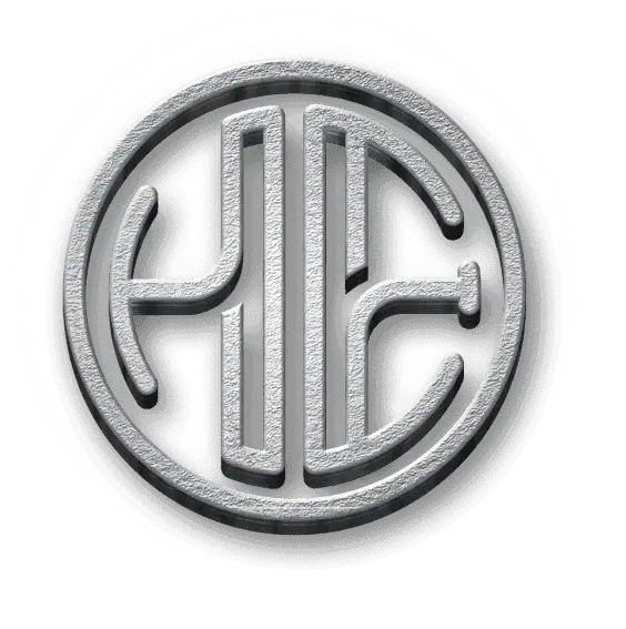 A 3D logo of HE Group in light grey color on a transparent background.